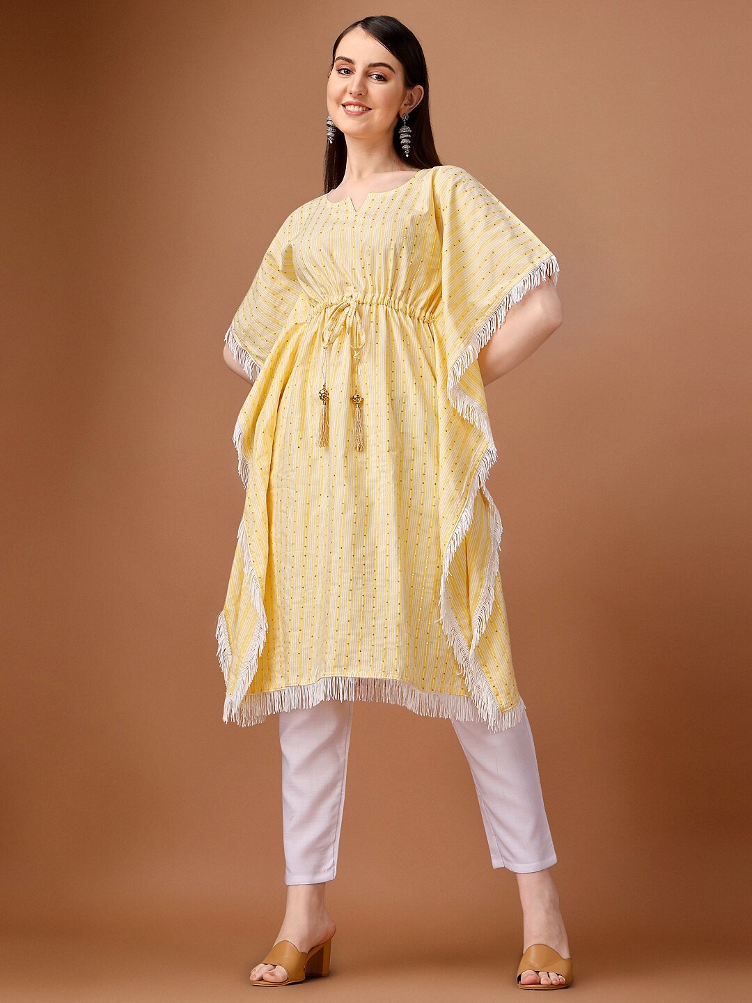 

Shiv Textiles Striped Notched Neck Sequinned Pure Cotton Kaftan Kurta, Yellow