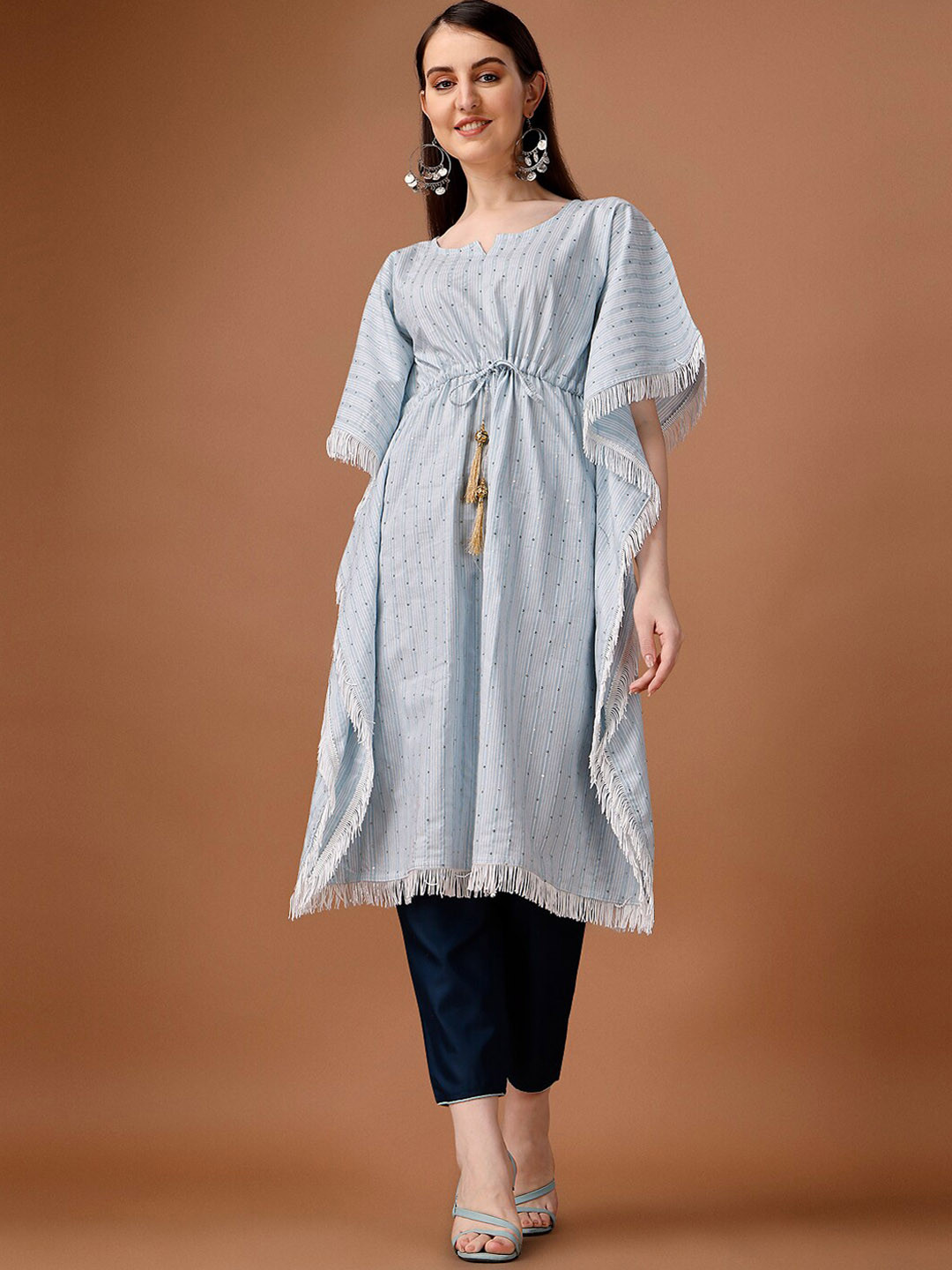 

Shiv Textiles Striped Notched Neck Sequinned Pure Cotton Kaftan Kurta, Blue