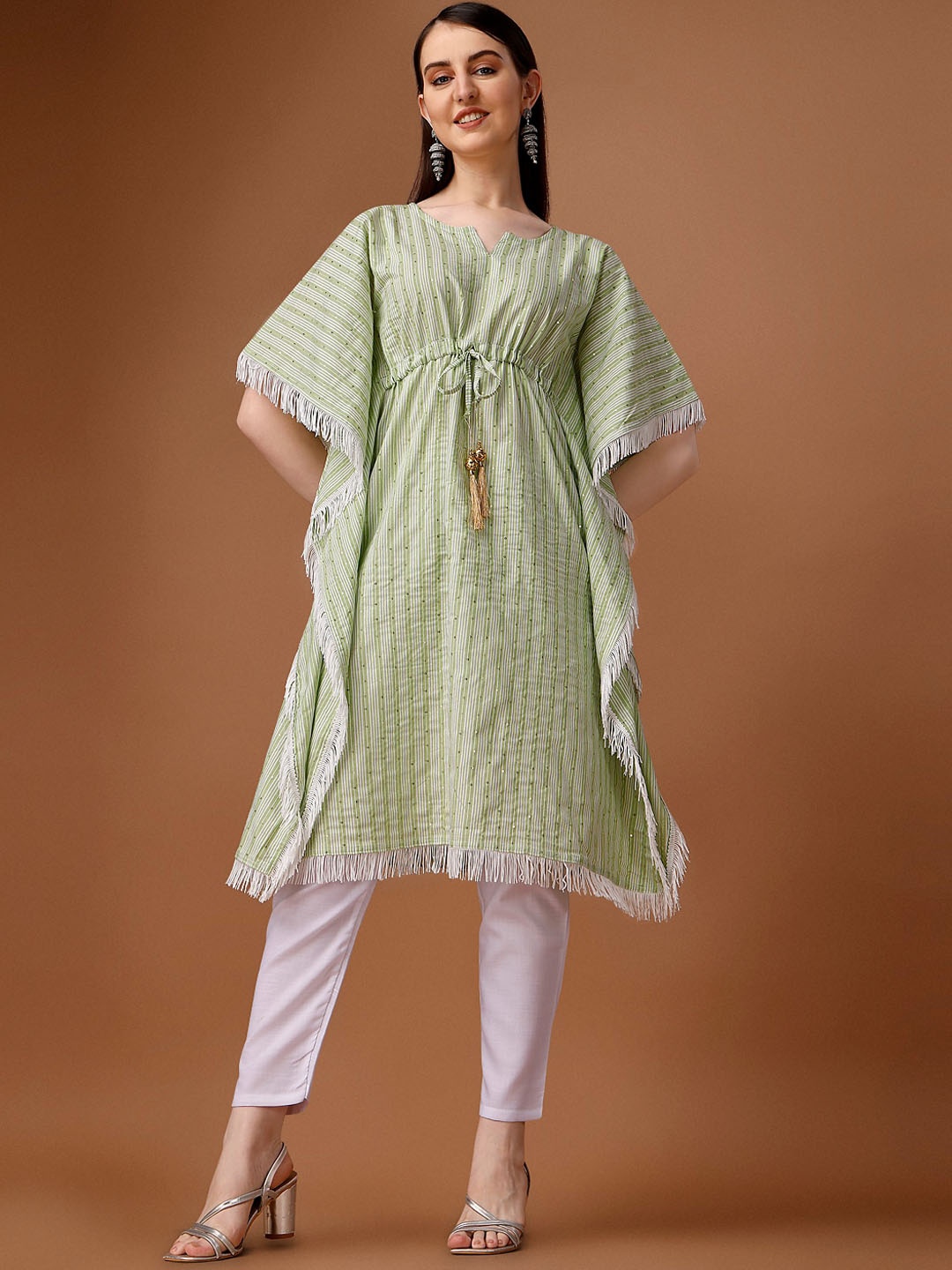 

Shiv Textiles Striped Notched Neck Sequinned Pure Cotton Kaftan Kurta, Green