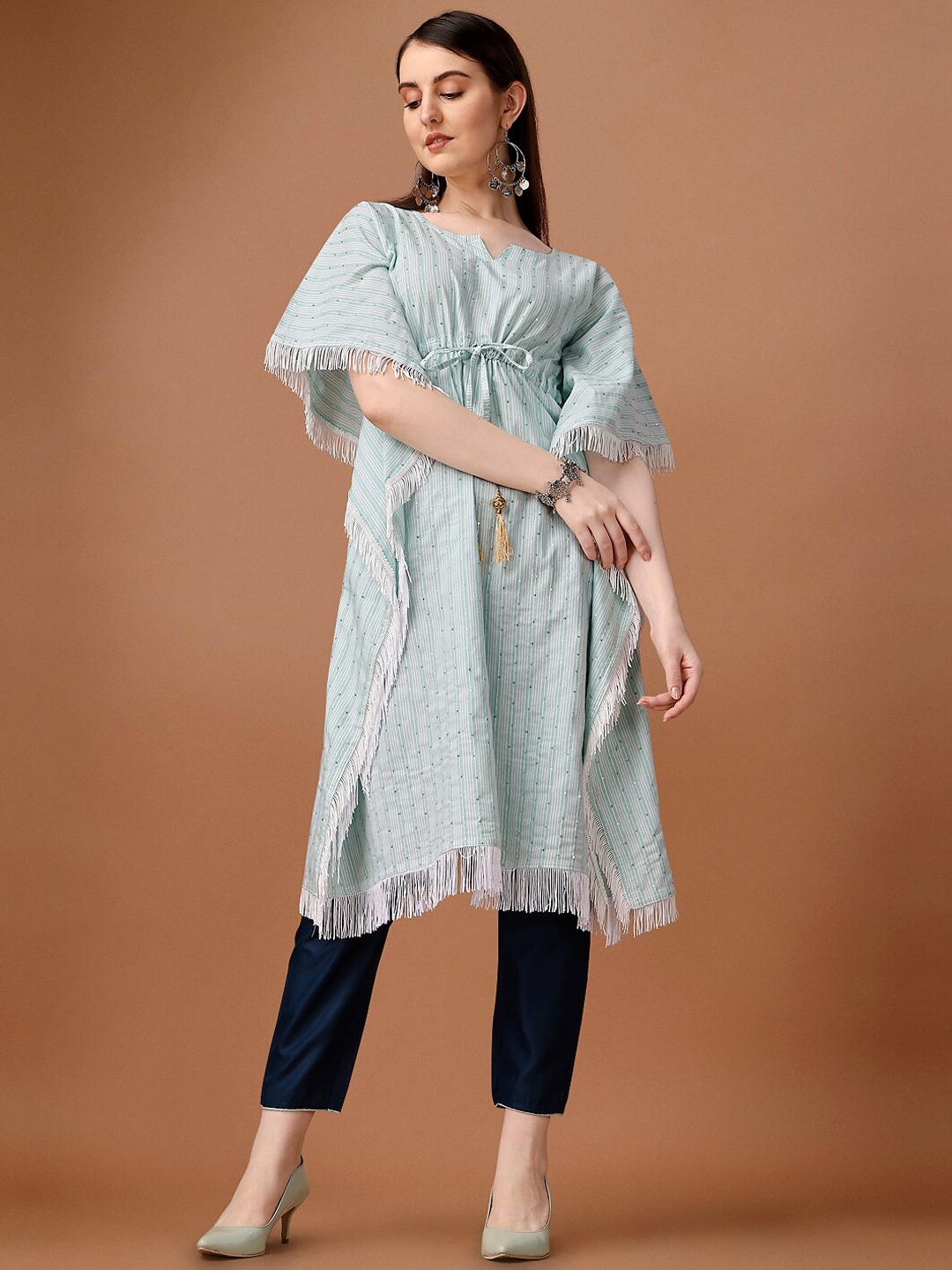 

Shiv Textiles Striped Notched Neck Sequinned Pure Cotton Kaftan Kurta, Blue