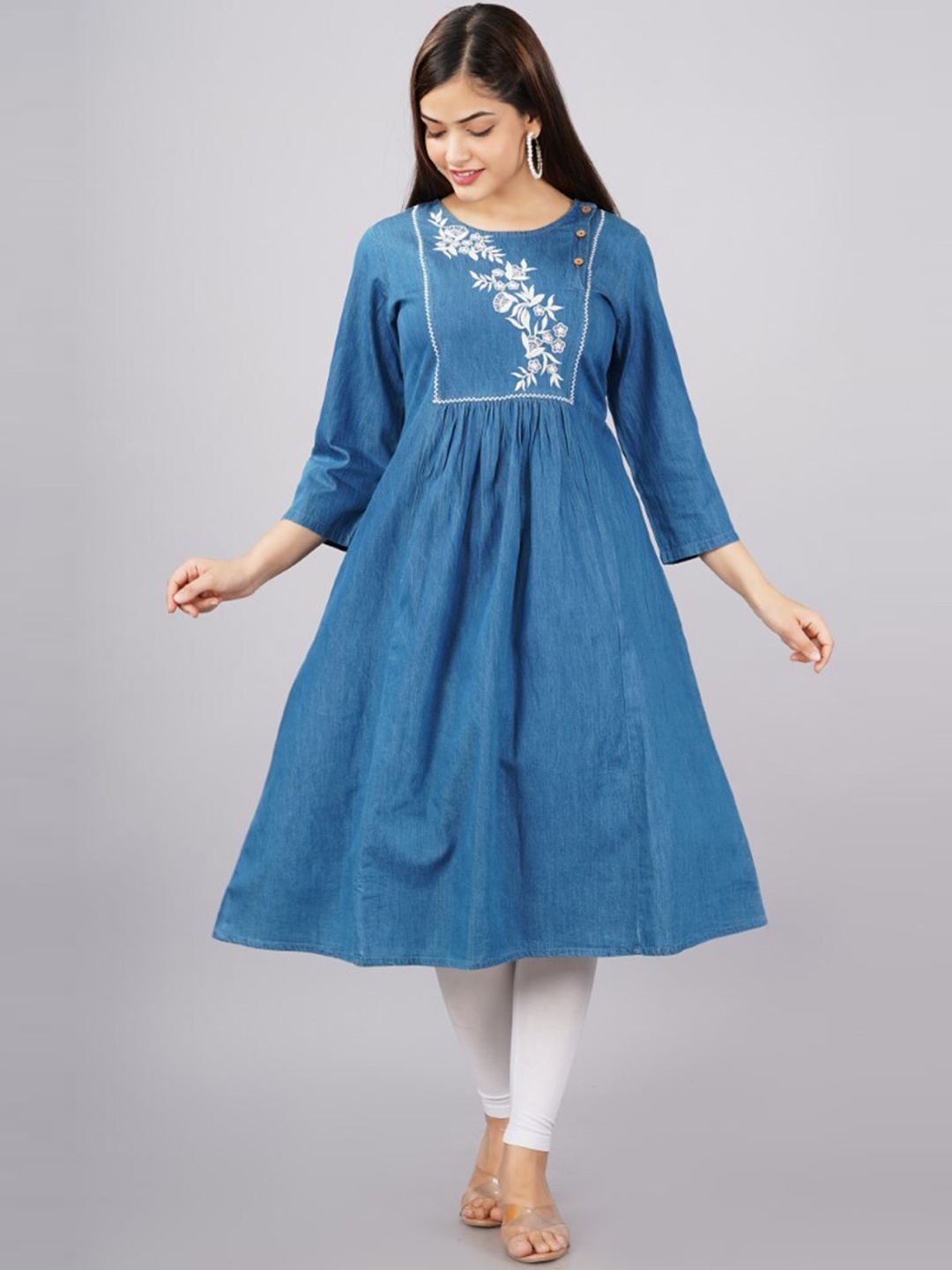 

SUMAVI-FASHION Floral Yoke Design Thread Work Denim Anarkali Kurta, Blue