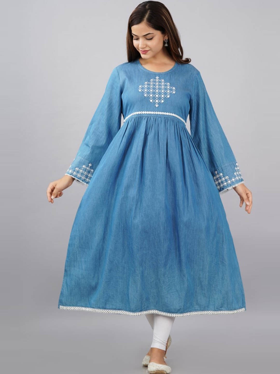 

SUMAVI-FASHION Yoke Design Flared Sleeves Mirror Work Denim Anarkali Kurta, Blue