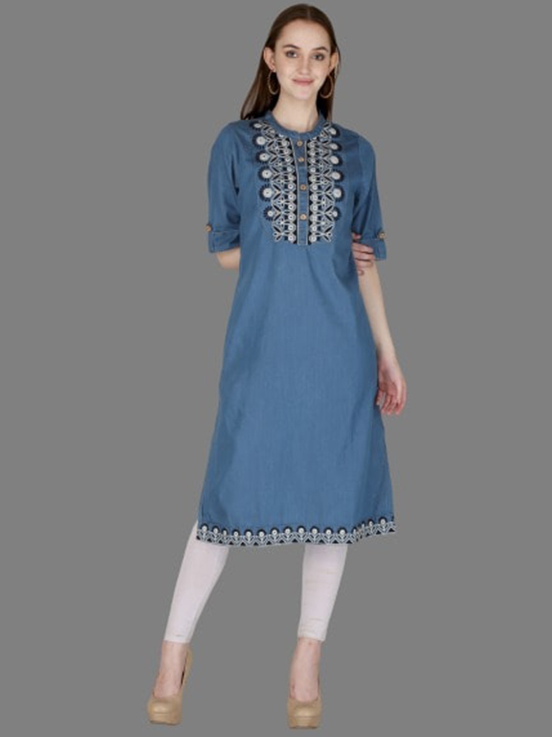 

SUMAVI-FASHION Ethnic Motifs Yoke Design Band Collar Mirror Work Denim Kurta, Blue