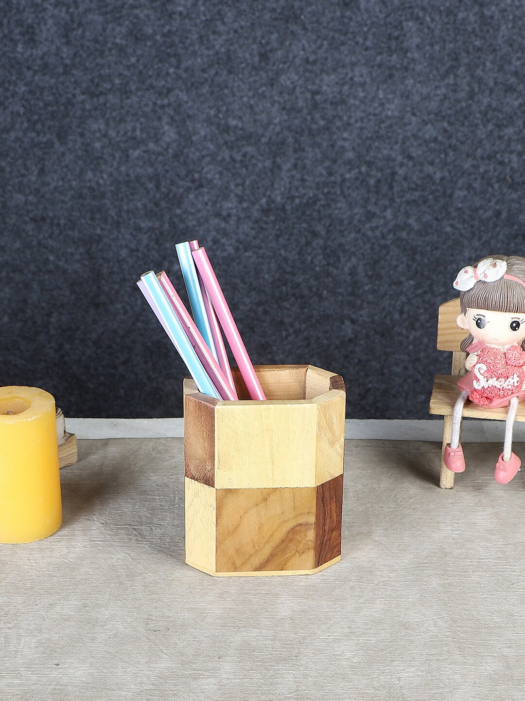 

EXIM DECOR Brown Colour-Blocked Octagon Shaped Wooden Pen Stand