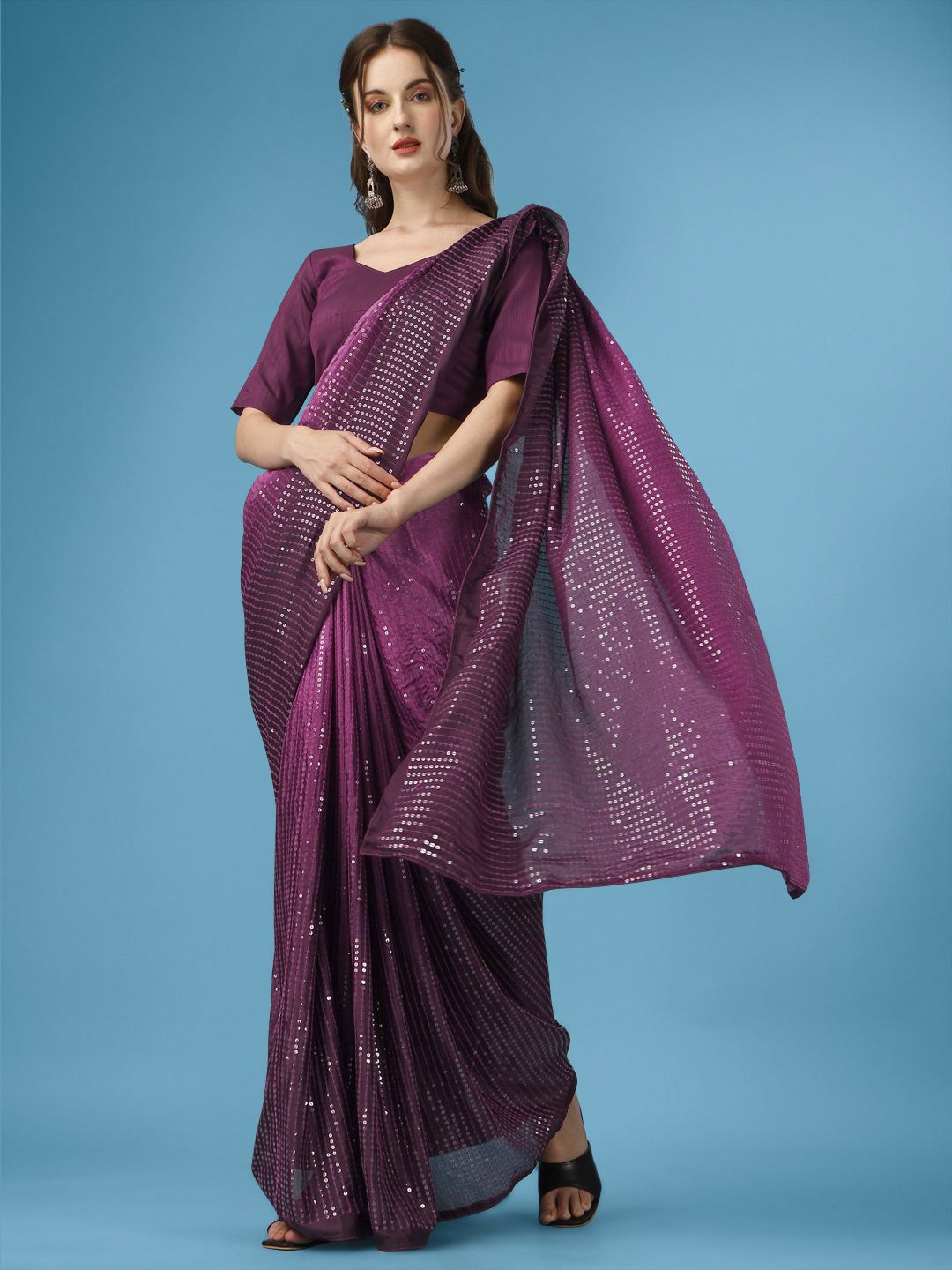 

SUTRAM Embellished Sequinned Poly Chiffon Heavy Work Saree, Purple