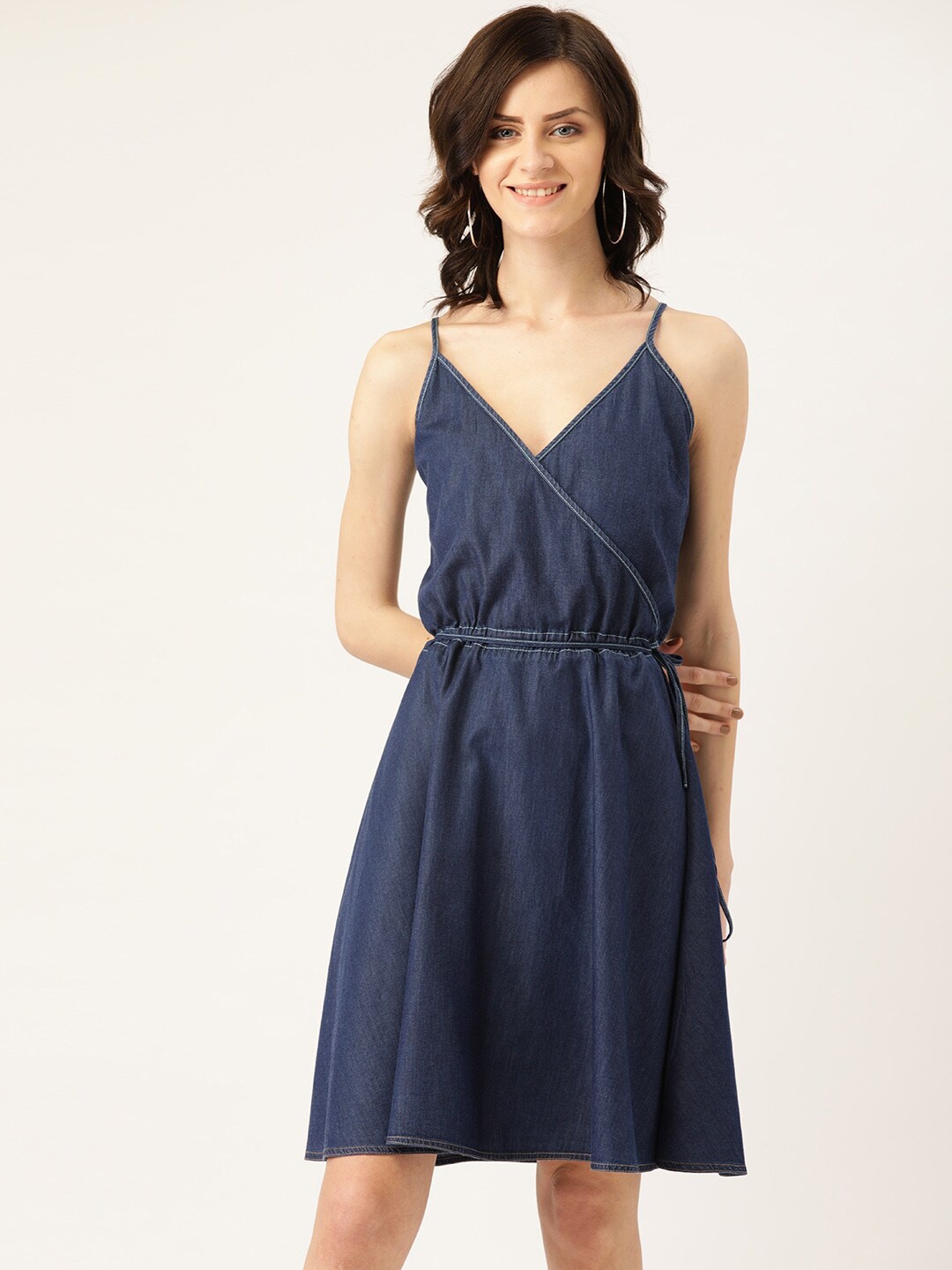 

urSense Shoulder Strap Denim Fit & Flare Dress, Blue