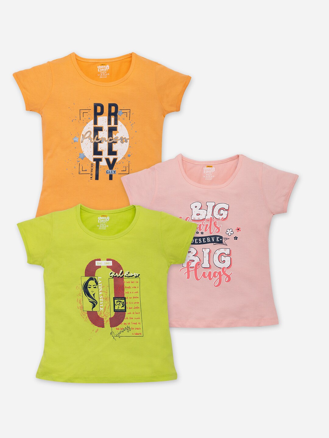 

AMUL Kandyfloss Girls Pack Of 3 Typography Printed Pure Cotton T-shirts, Yellow