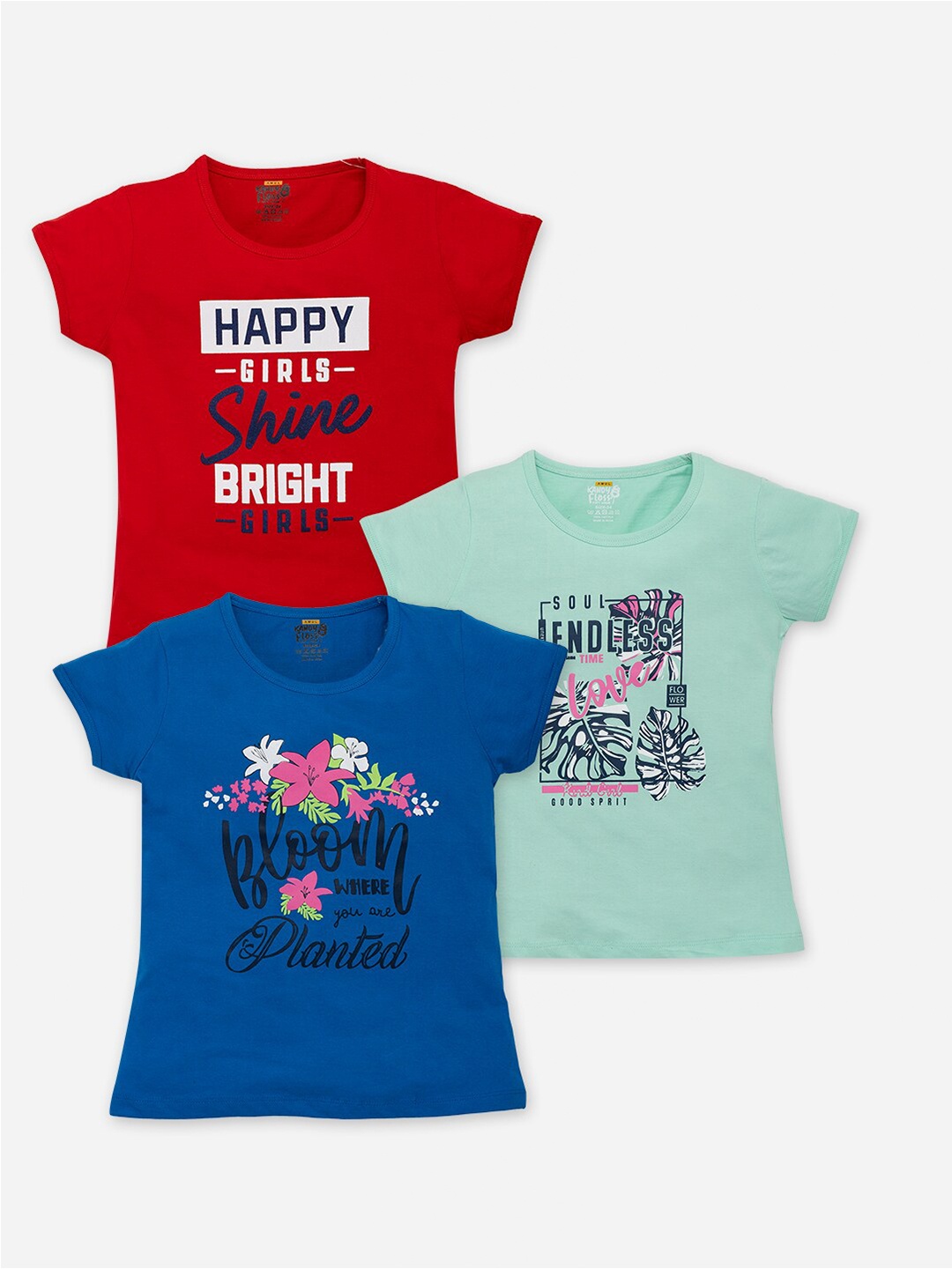 

AMUL Kandyfloss Girls Pack Of 3 Typography Printed Pure Cotton T-shirts, Red