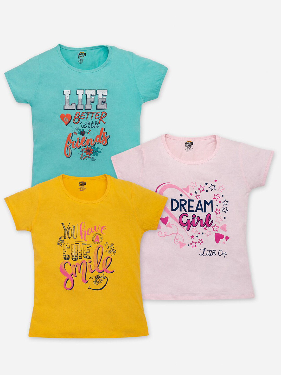 

AMUL Kandyfloss Girls Pack Of 3 Typography Printed Pure Cotton T-shirts, Blue