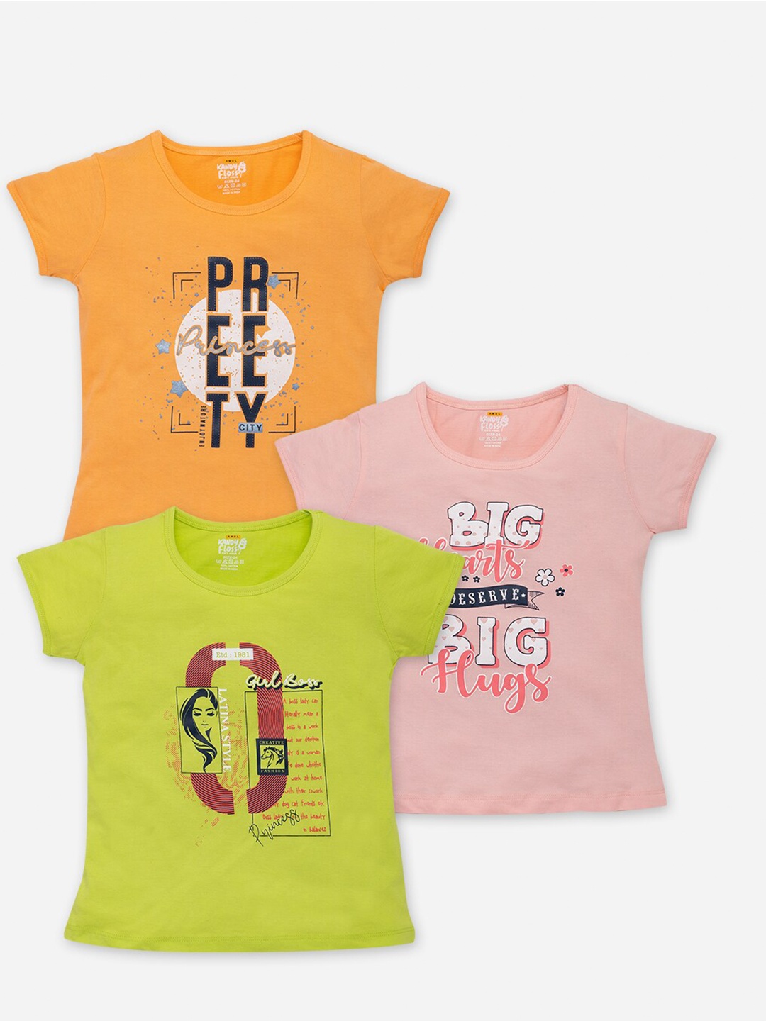 

AMUL Kandyfloss Girls Pack Of 3 Typography Printed Pure Cotton T-shirts, Yellow