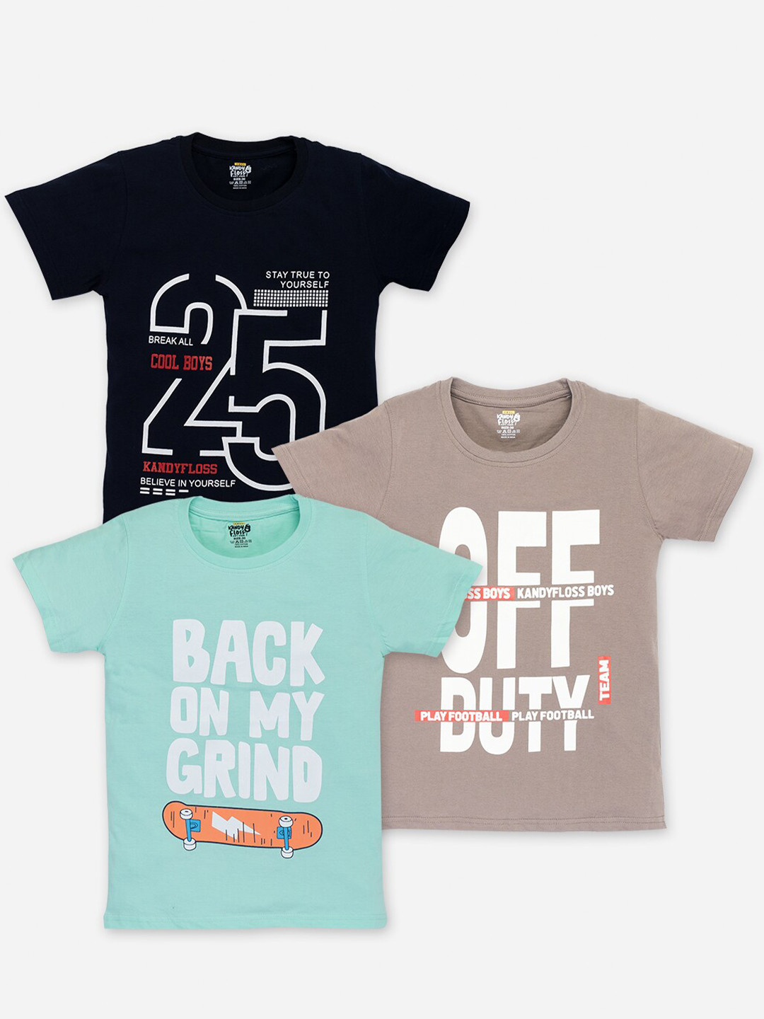 

AMUL Kandyfloss Boys Pack Of 3 Typography Printed Pure Cotton T-shirts, Black