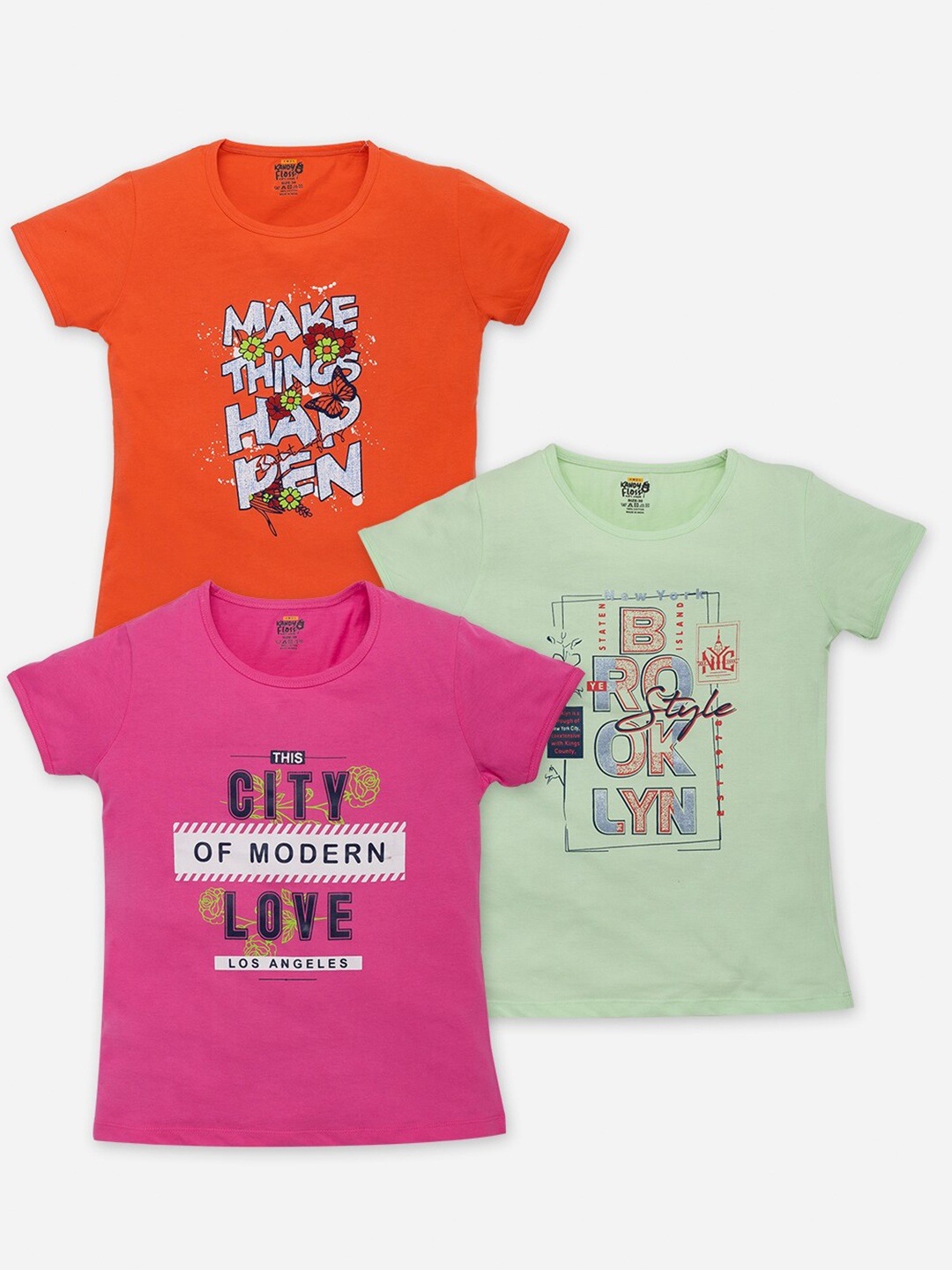 

AMUL Kandyfloss Girls Pack Of 3 Typography Printed Pure Cotton T-shirts, Orange