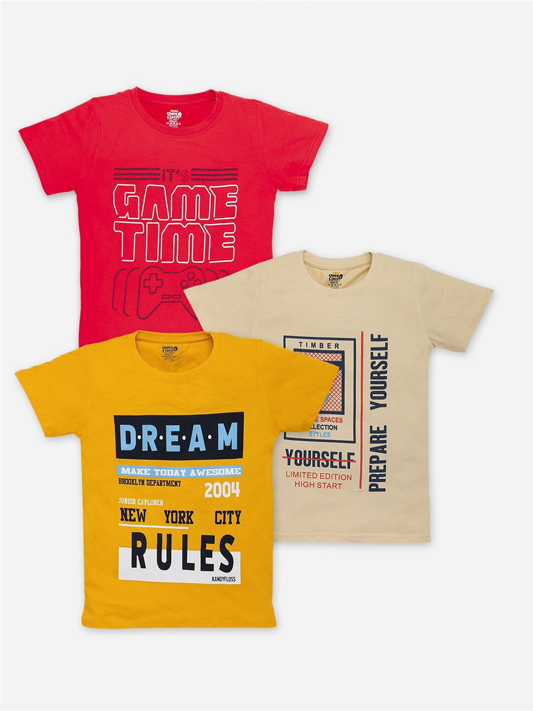 

AMUL Kandyfloss Boys Pack Of 3 Typography Printed Pure Cotton T-shirts, Red