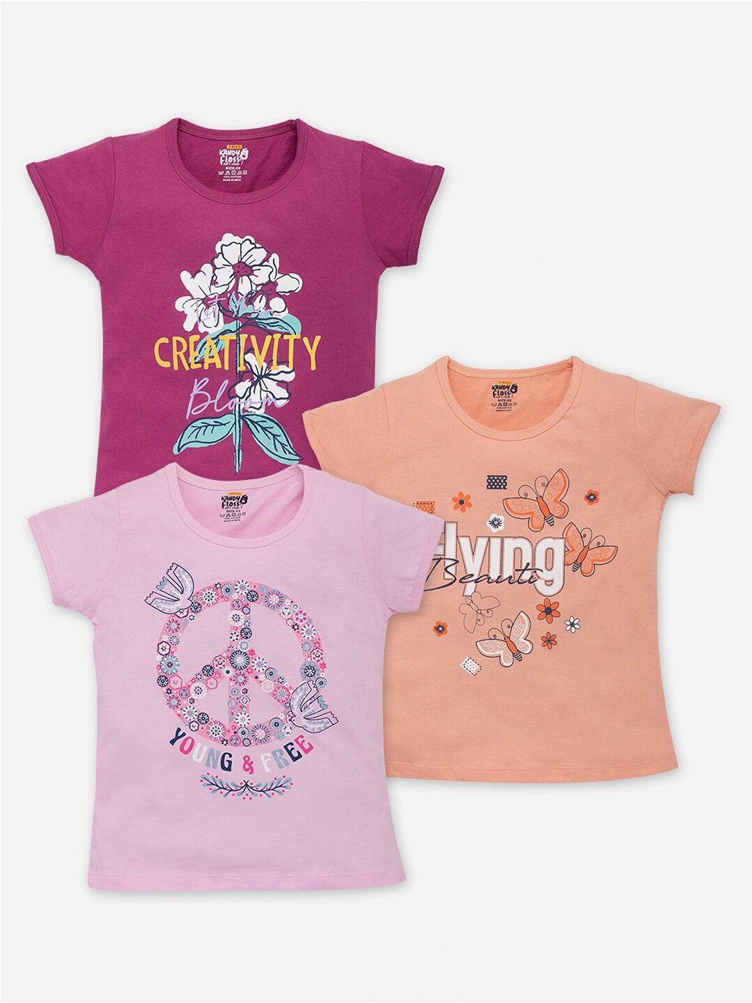 

AMUL Kandyfloss Girls Pack Of 3 Typography Printed Pure Cotton T-shirts, Purple