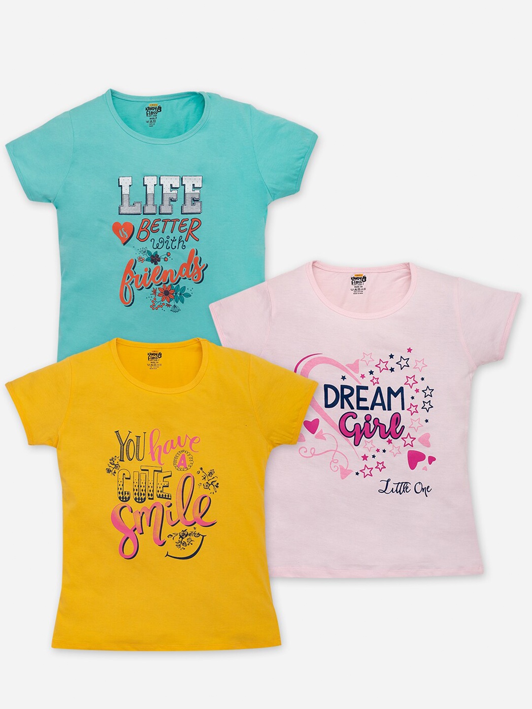 

AMUL Kandyfloss Girls Pack Of 3 Typography Printed Pure Cotton T-shirts, Green