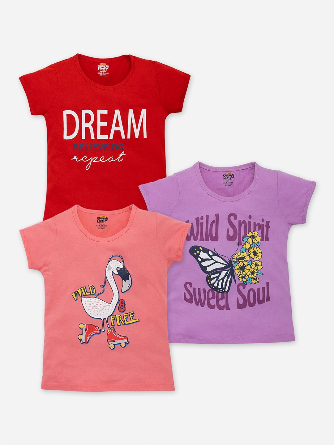

AMUL Kandyfloss Girls Pack Of 3 Typography Printed Pure Cotton T-shirts, Red