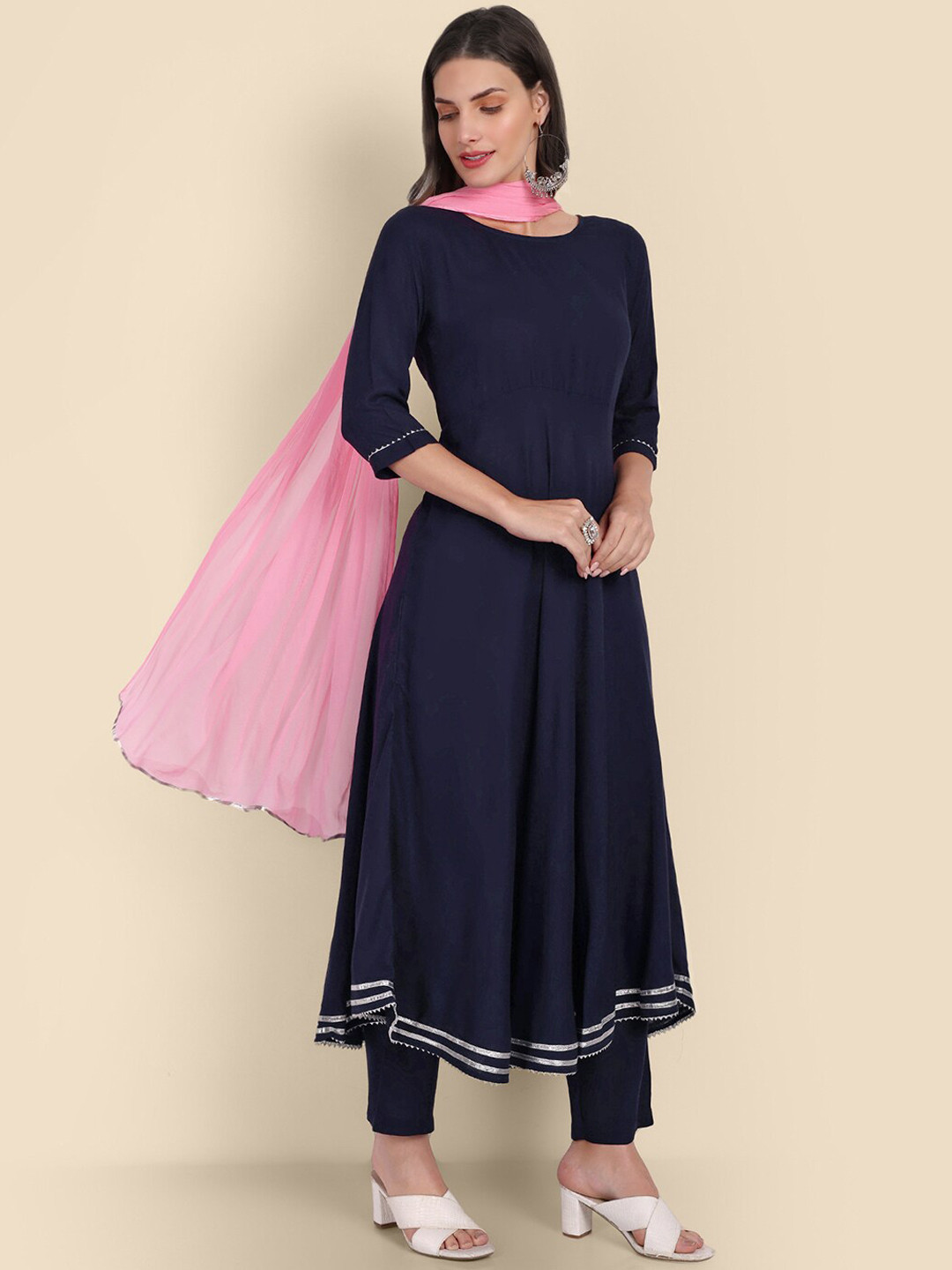 

Wyfees Gotta Patti Kurta with Trousers & With Dupatta, Navy blue