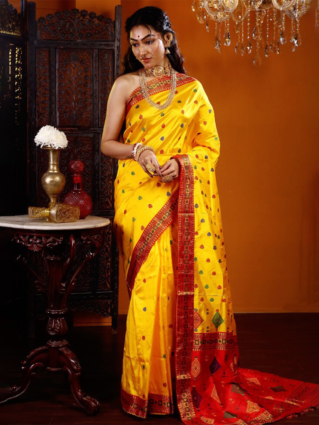 

AllSilks Yellow & Red Woven Design Zari Pure Silk Saree