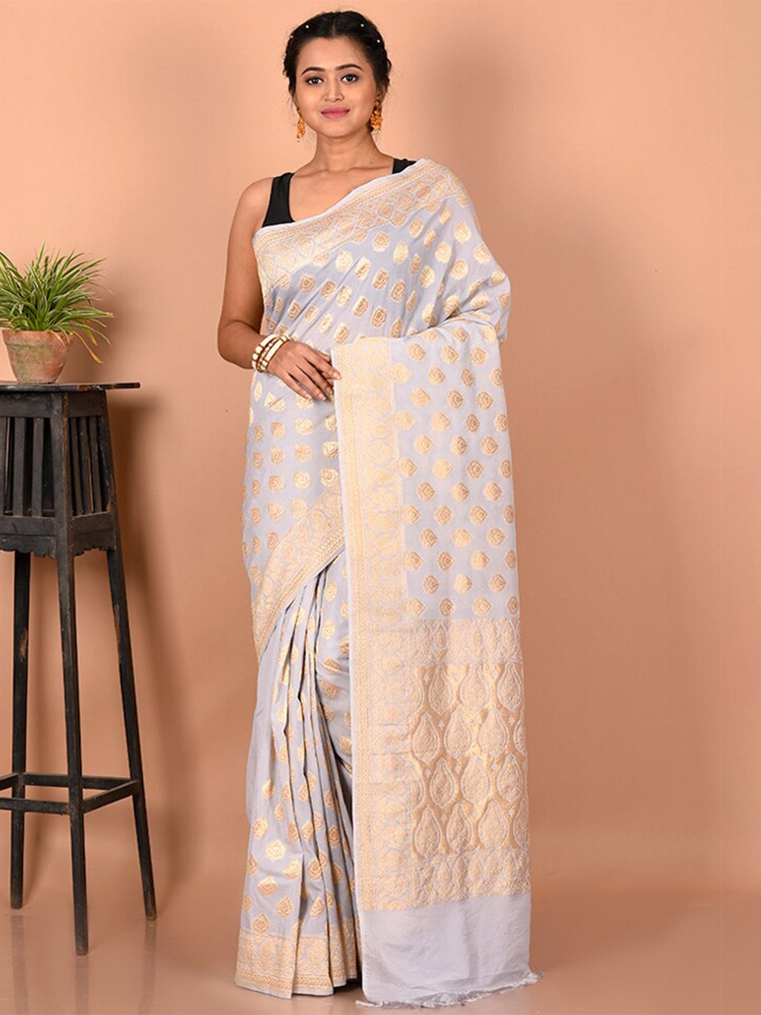 

AllSilks Woven Design Zari Pure Georgette Saree, Grey