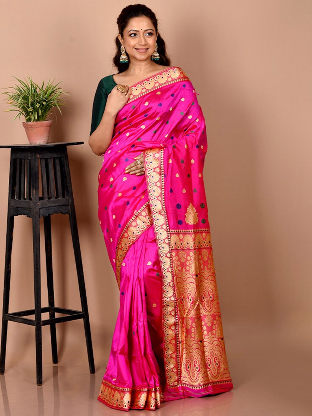 

AllSilks Ethnic Motifs Woven Design Zari Pure Silk Saree, Pink