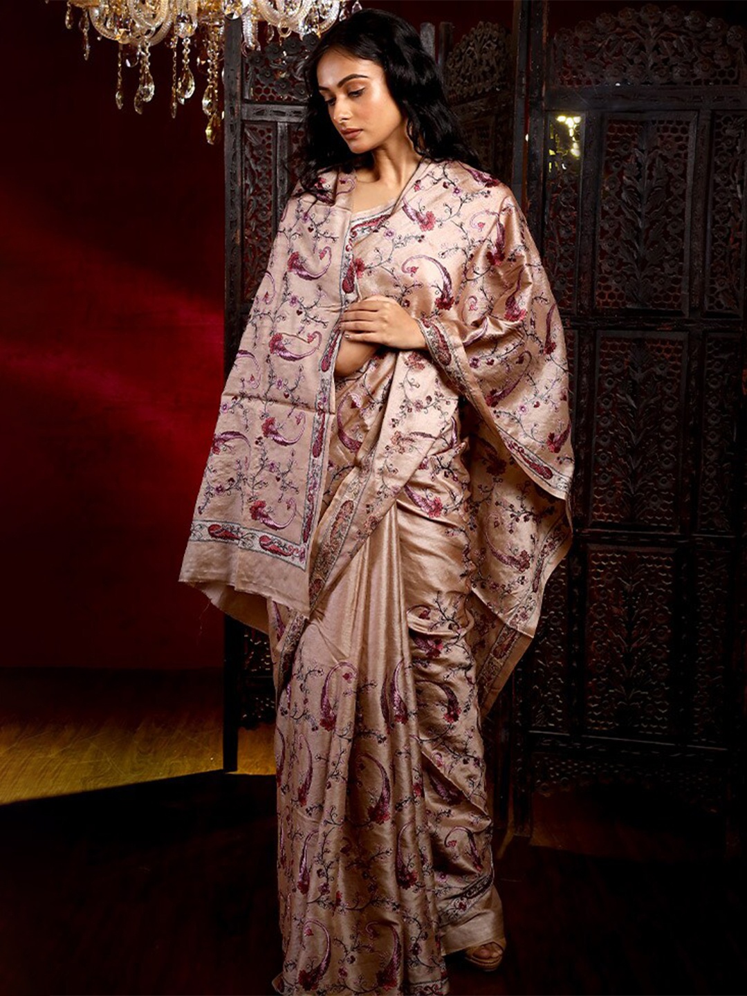 

AllSilks Floral Embroidered Pure Silk Tussar Saree, Pink