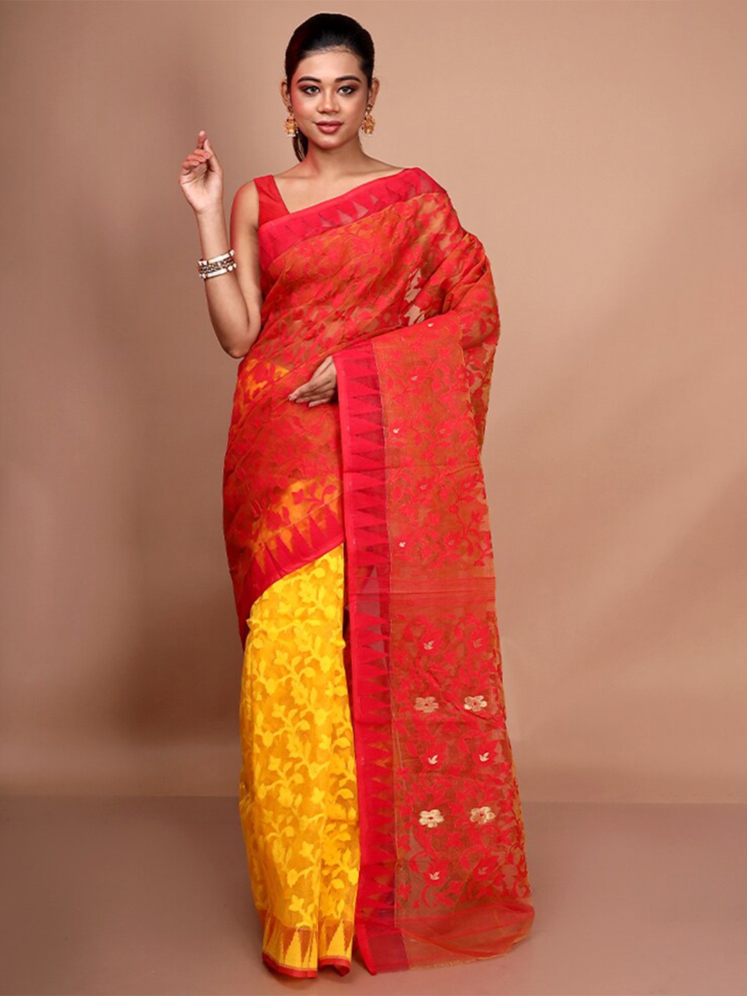 

AllSilks Floral Woven Design Zari Pure Silk Taant Saree, Red