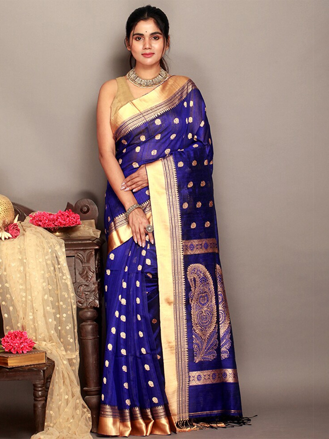 

AllSilks Ethnic Motif Pure Silk Zari Saree With Blouse Piece, Blue