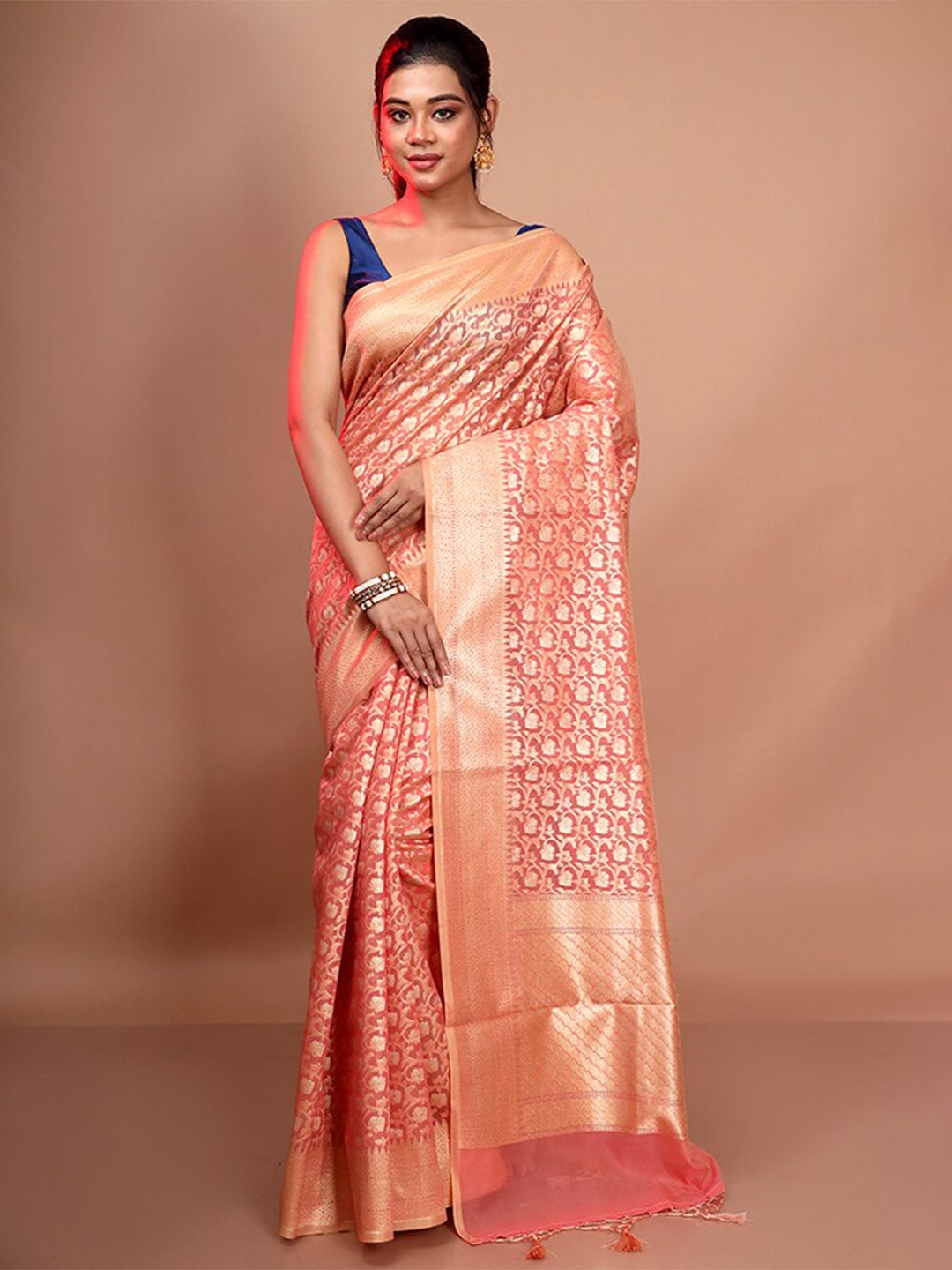 

AllSilks Woven Design Zari Pure Silk Saree, Peach