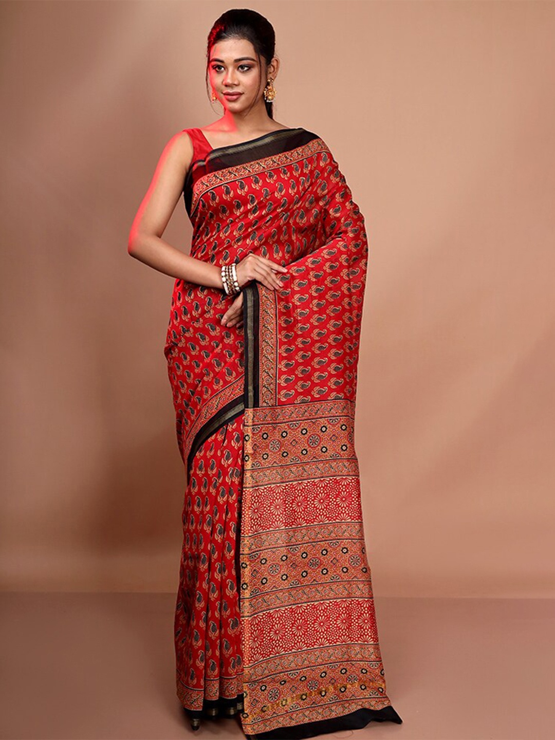 

AllSilks Red & Black Ethnic Motifs Zari Pure Silk Chanderi Saree