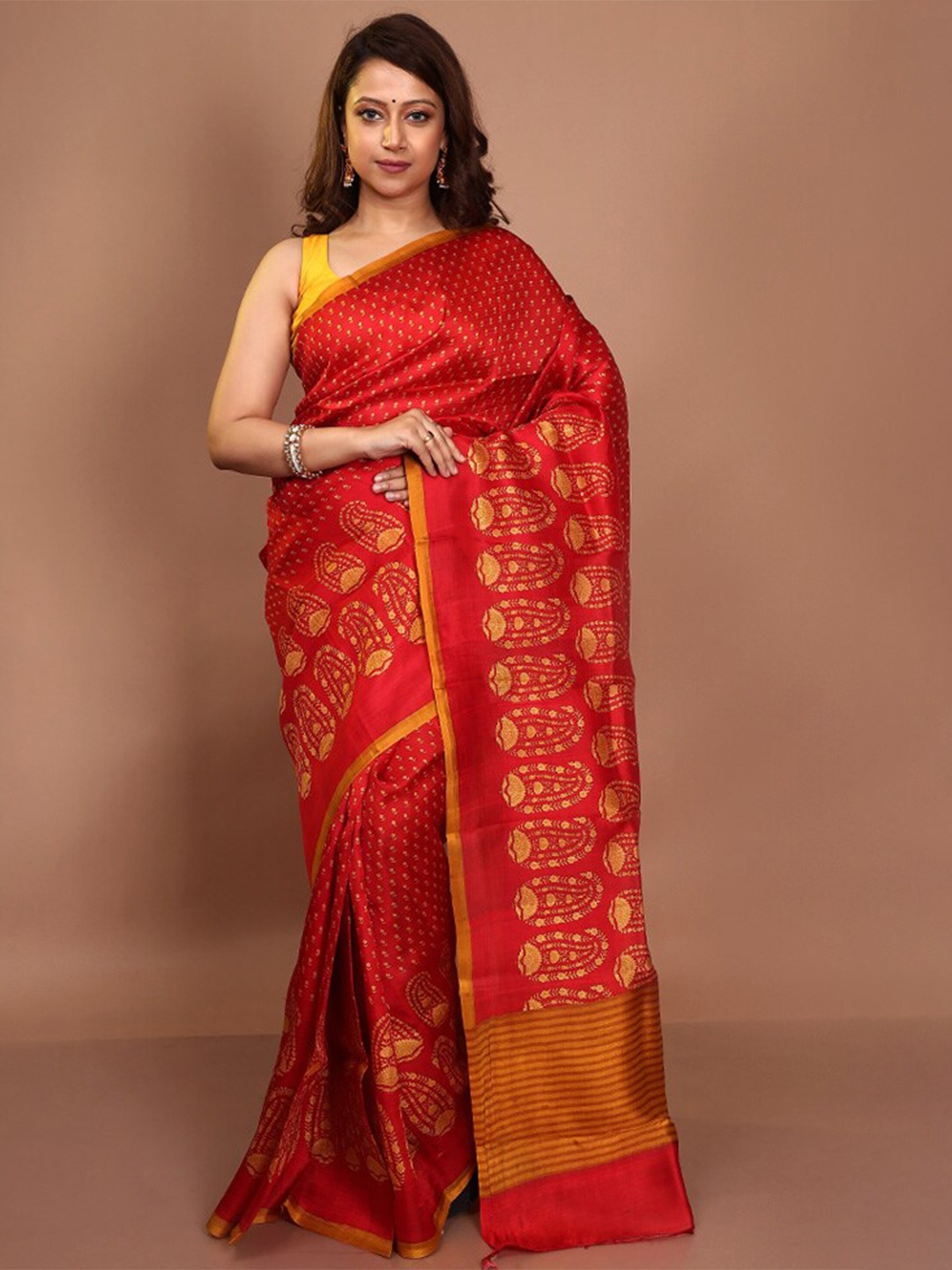 

AllSilks Red & Mustard Ethnic Motifs Pure Silk Saree
