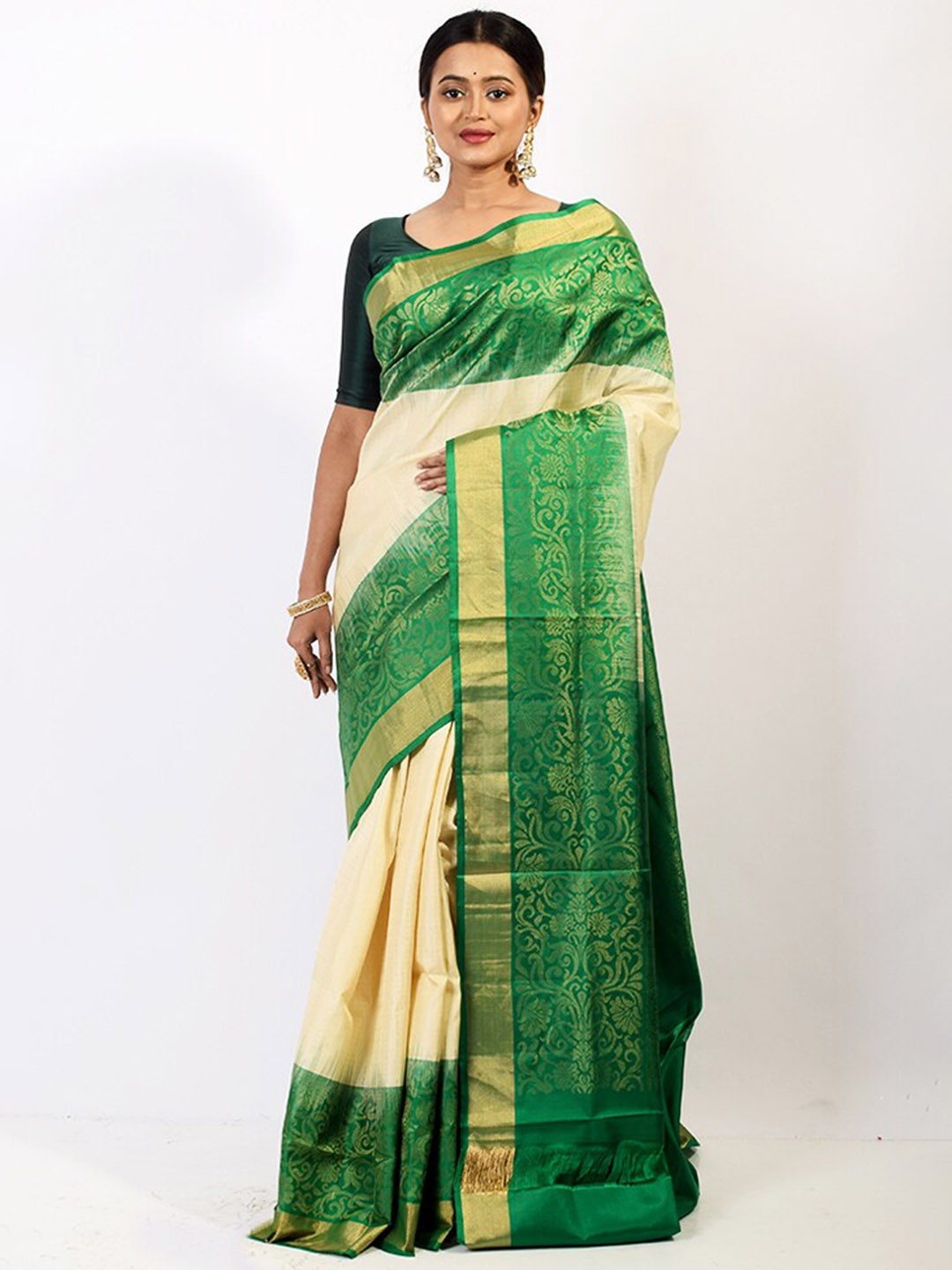 

AllSilks Floral Woven Design Zari Pure Silk Kanjeevaram Saree, Cream