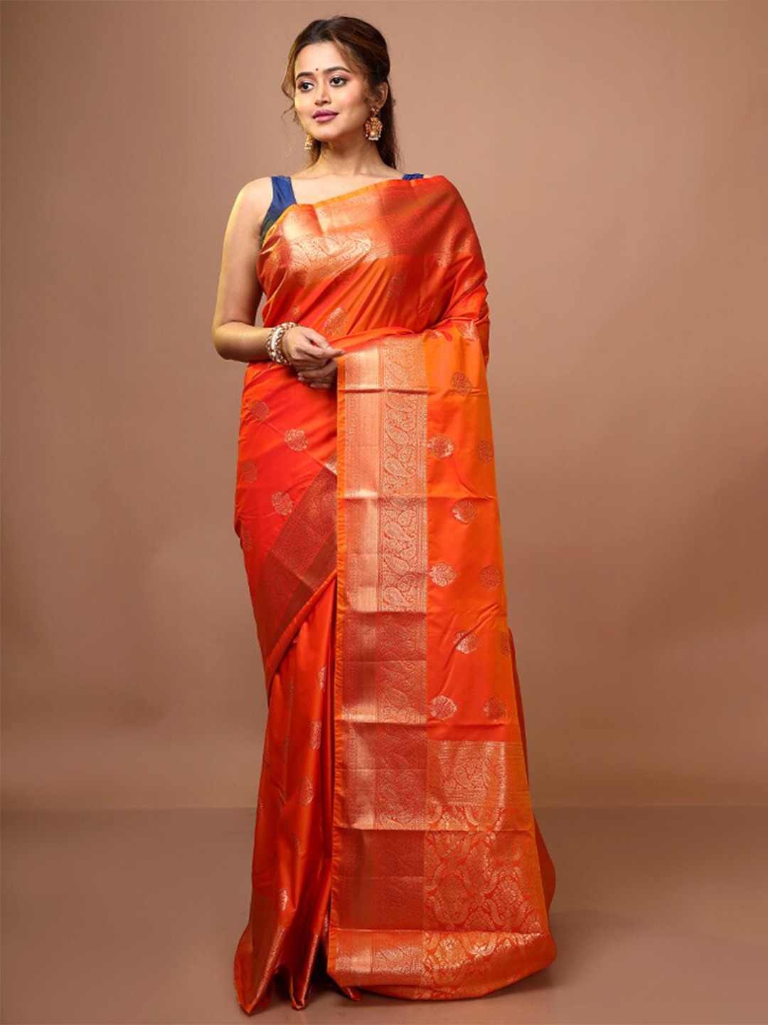 

AllSilks Orange & Gold-Toned Woven Design Zari Pure Silk Kanjeevaram Saree