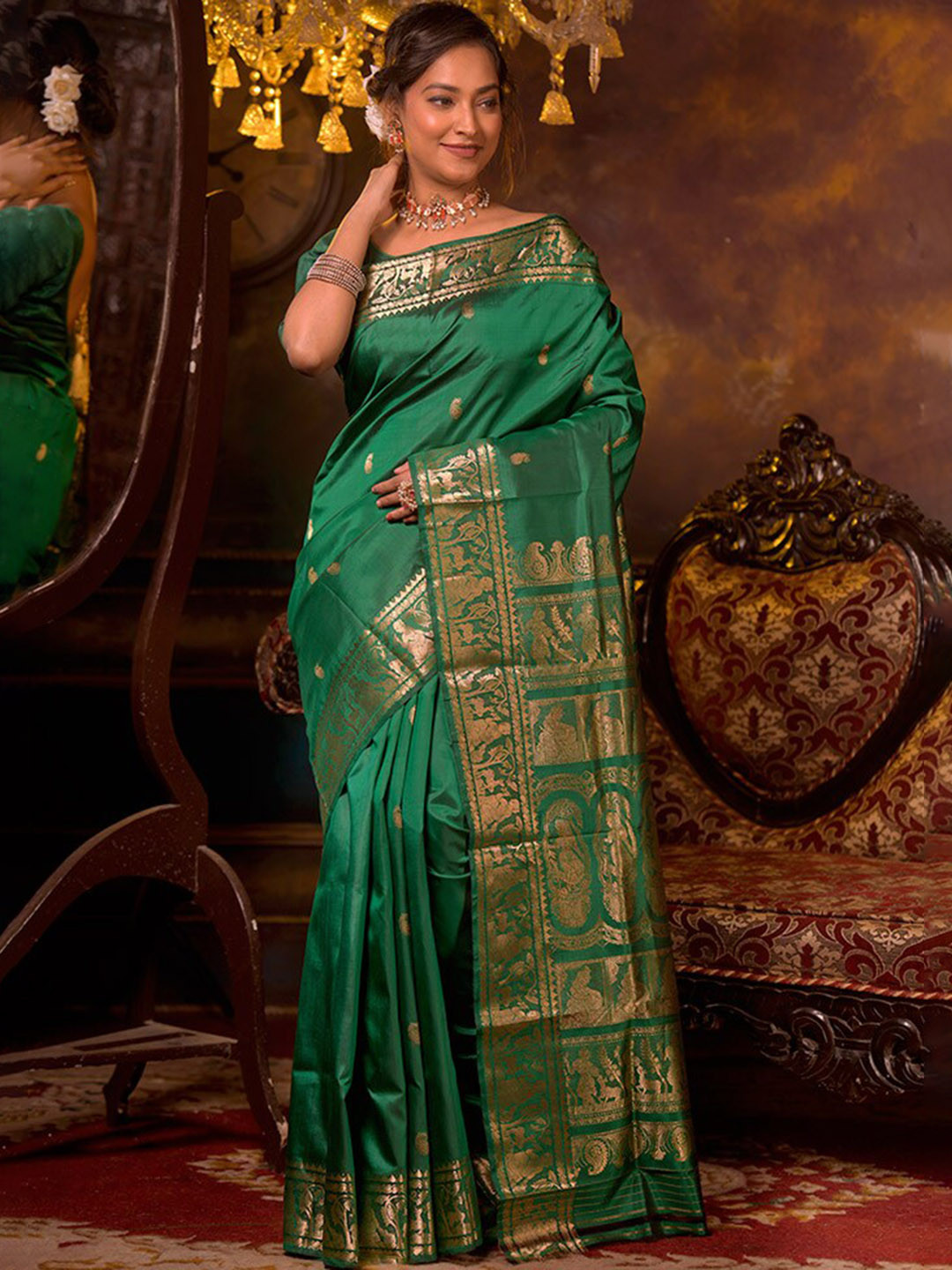 

AllSilks Ethnic Motif Pure Silk Baluchari Zari Saree, Green
