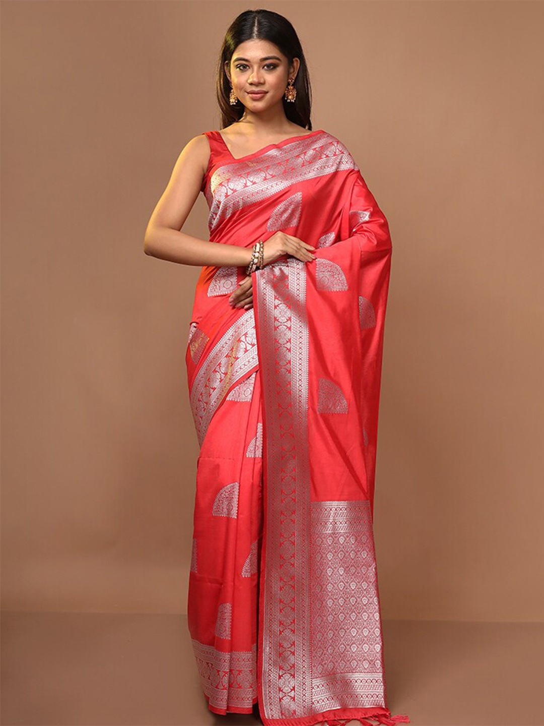

AllSilks Pink & Silver-Toned Woven Design Zari Pure Silk Saree