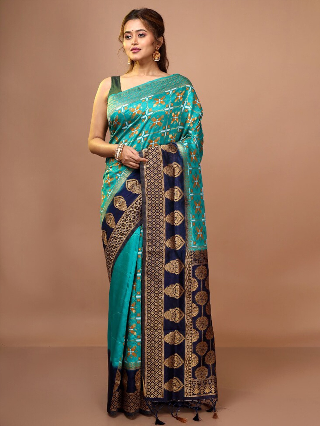 

AllSilks Green & Blue Woven Design Zari Pure Silk Saree