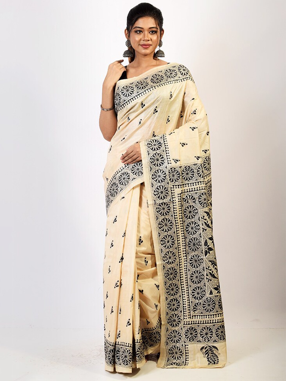 

AllSilks Cream-Coloured & Blue Woven Design Pure Silk Saree
