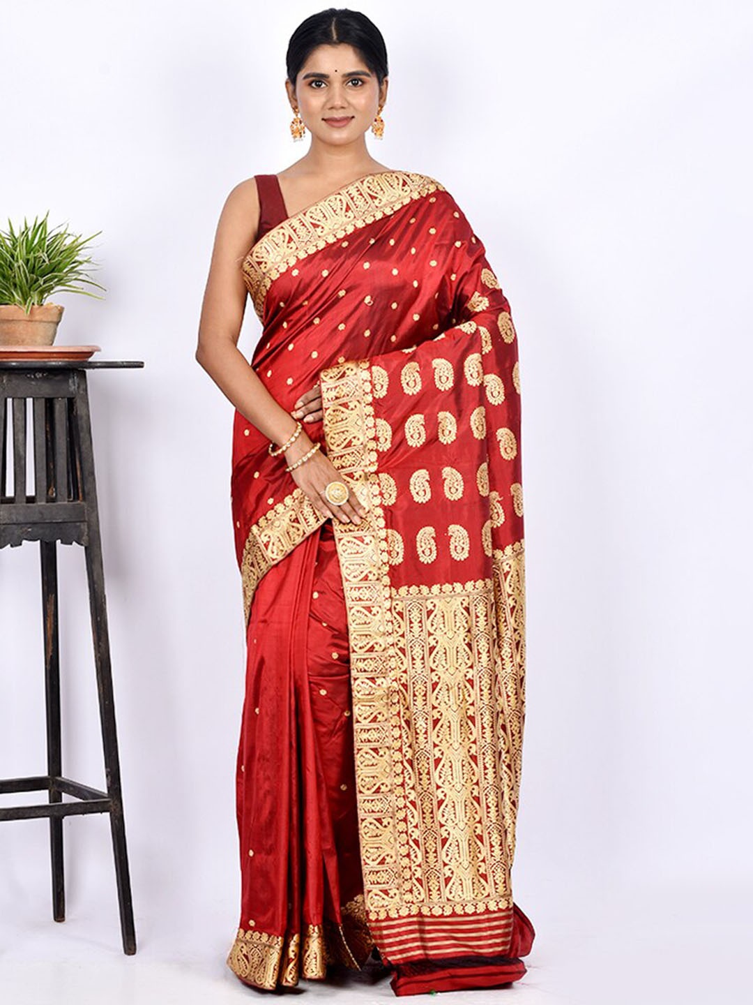 

AllSilks Ethnic Motif Woven Design Zari Pure Silk Saree, Red