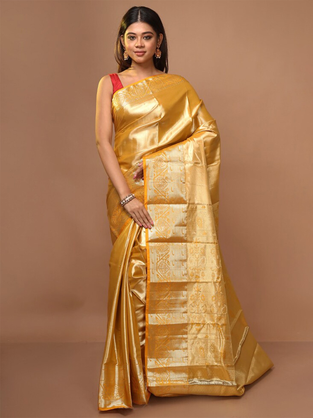 

AllSilks Yellow & Gold-Toned Woven Design Zari Pure Silk Kanjeevaram Saree