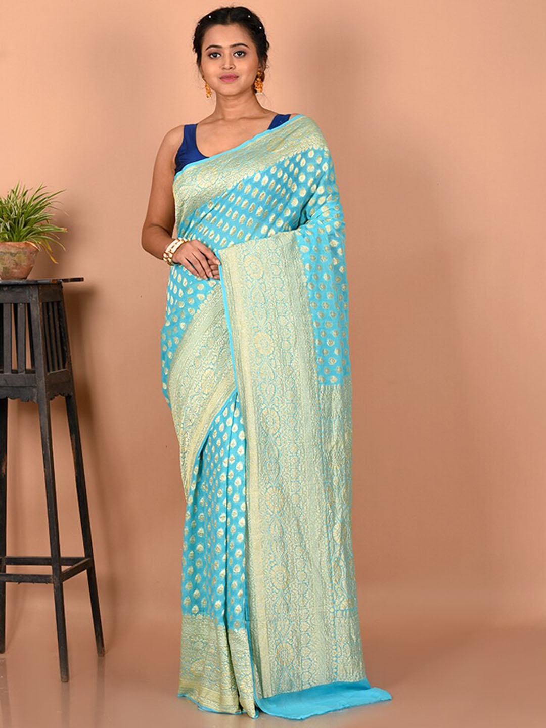 

AllSilks Ethnic Motif Woven Design Zari Pure Georgette Saree, Blue