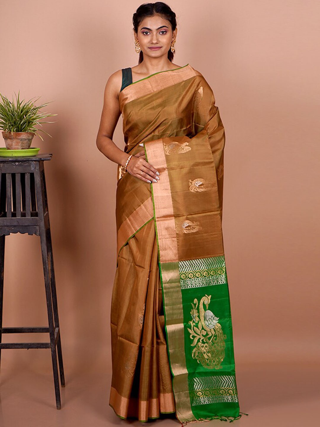 

AllSilks Ethnic Motif Woven Design Zari Pure Silk Kanjeevaram Saree, Brown