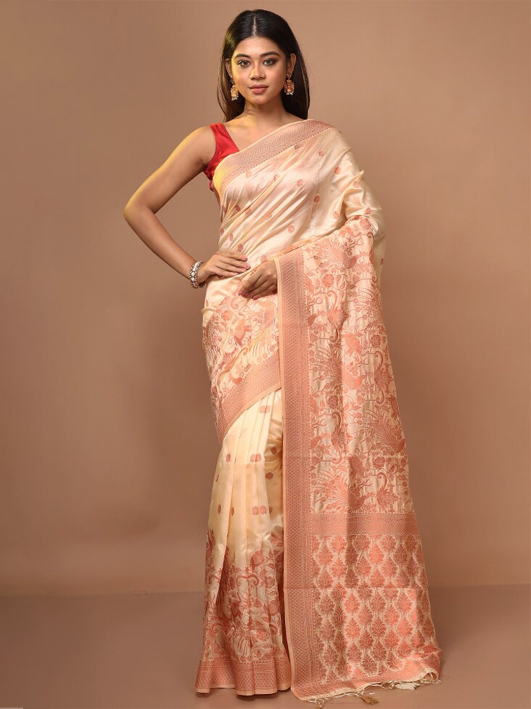 

AllSilks Cream-Coloured & Copper-Toned Woven Design Zari Pure Silk Saree