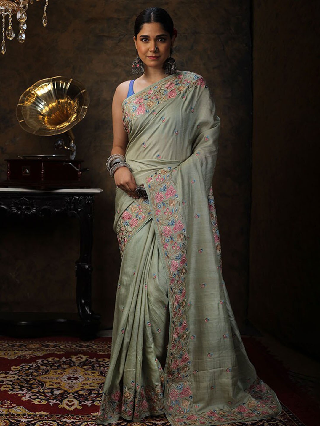 

AllSilks Floral Embroidered Pure Silk Tussar Saree, Green