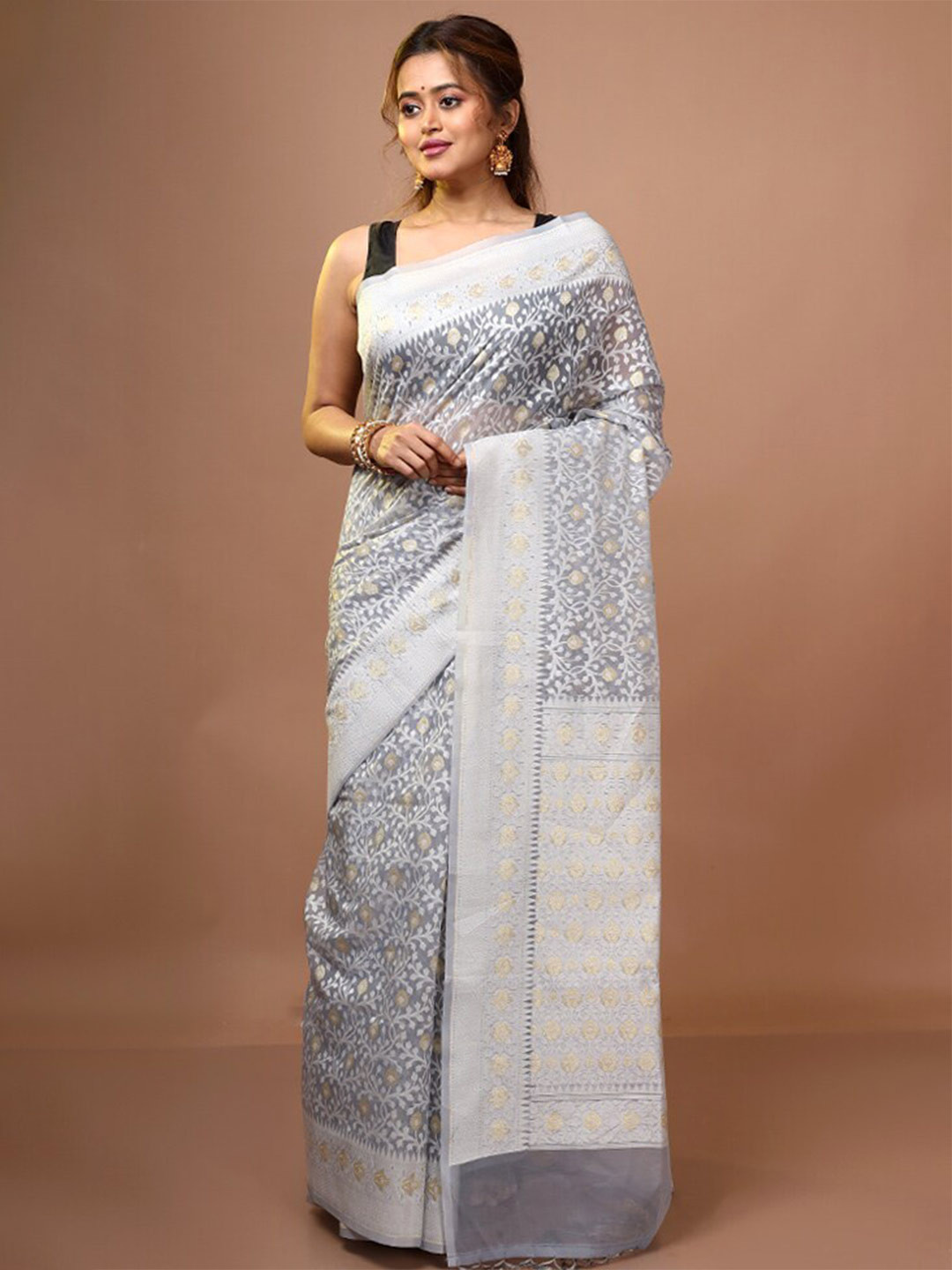 

AllSilks Grey & White Woven Design Pure Silk Saree