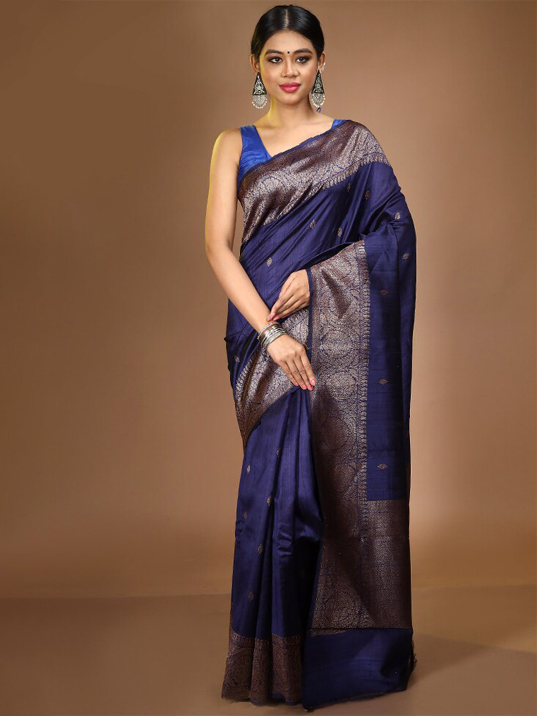 

AllSilks Blue & Gold-Toned Woven Design Zari Pure Silk Tussar Saree