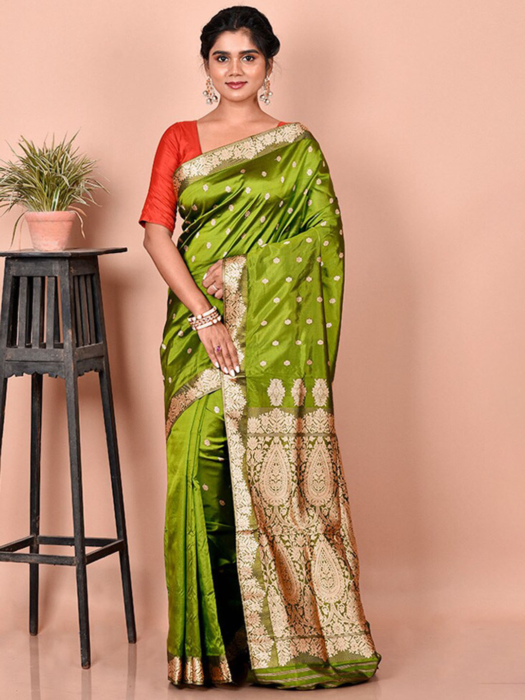

AllSilks Floral Woven Design Zari Pure Silk Saree, Green
