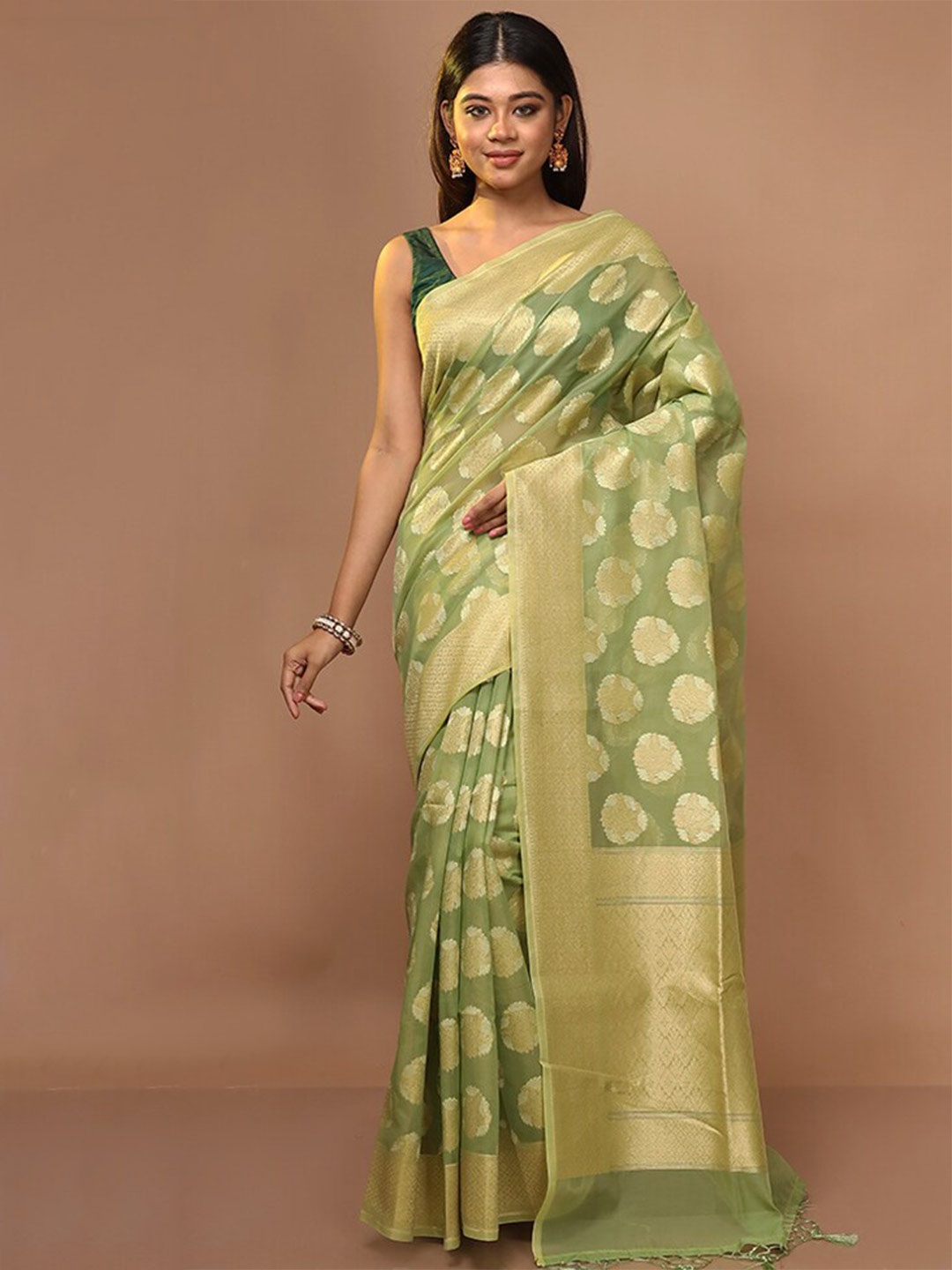 

AllSilks Green & Gold-Toned Woven Design Zari Pure Silk Saree