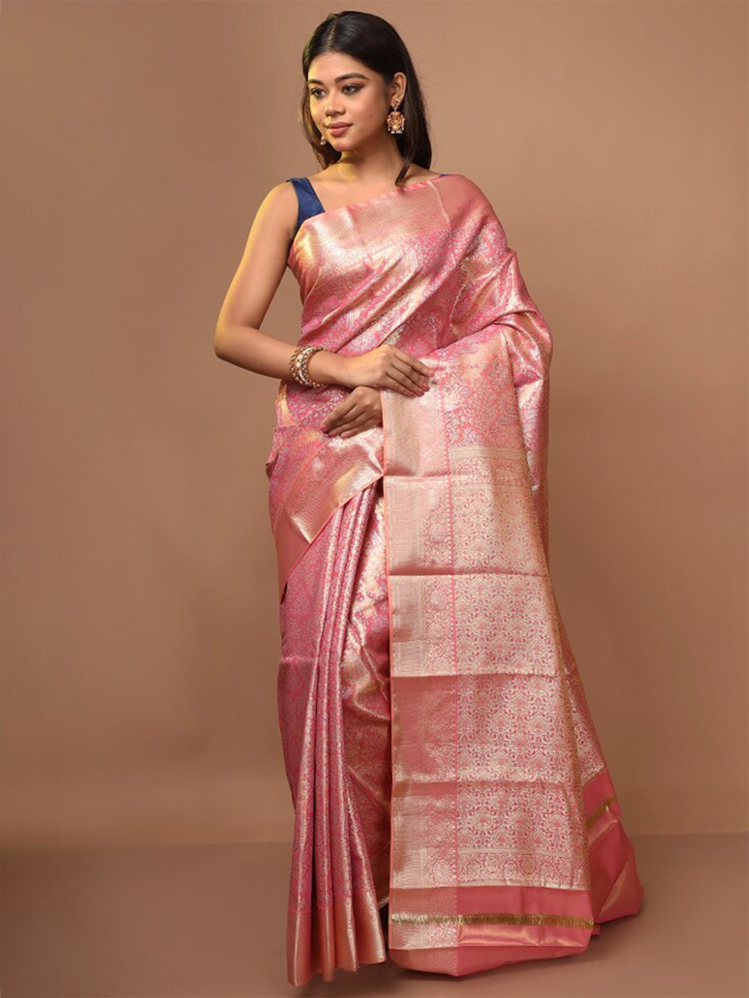 

AllSilks Pink & Gold-Toned Woven Design Zari Pure Silk Kanjeevaram Saree