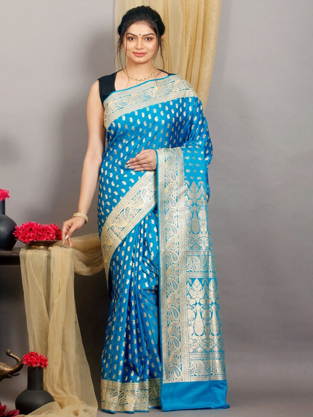 

AllSilks Paisley Woven Design Zari Pure Silk Banarasi Saree, Blue