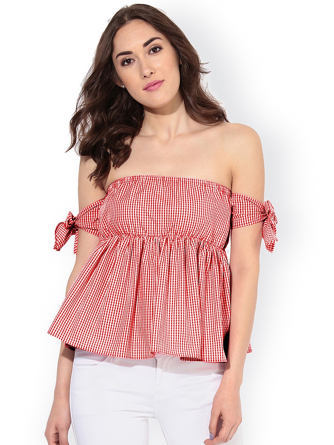 

Besiva Women Red Checked Off Shoulder Pure Cotton Top