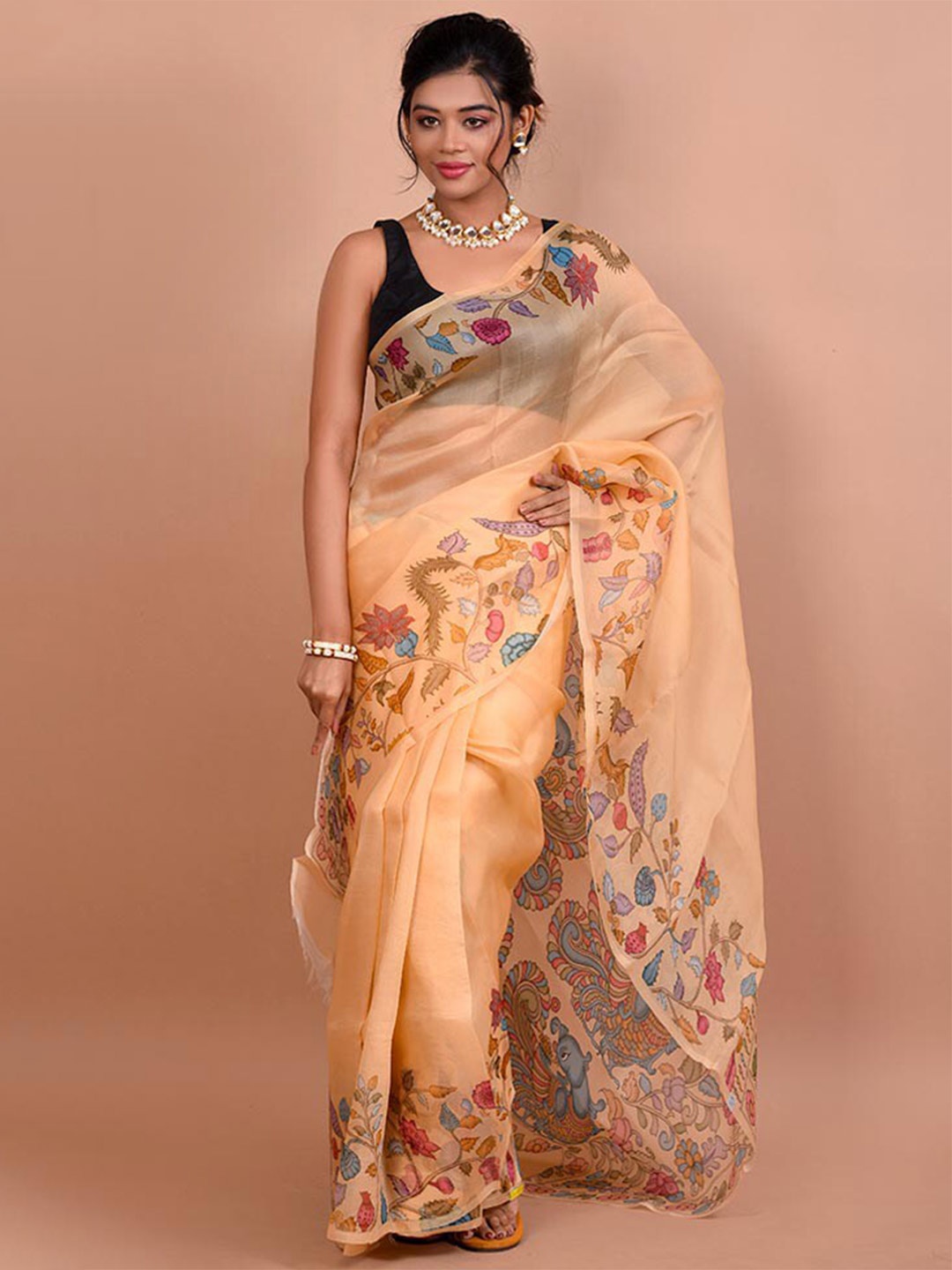 

AllSilks Floral Printed Organza Saree, Yellow